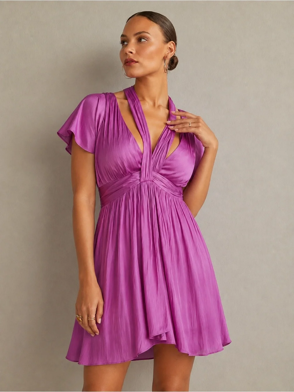 Anthropologie Deep V Neck Magenta Satin Mini Dress Size 2